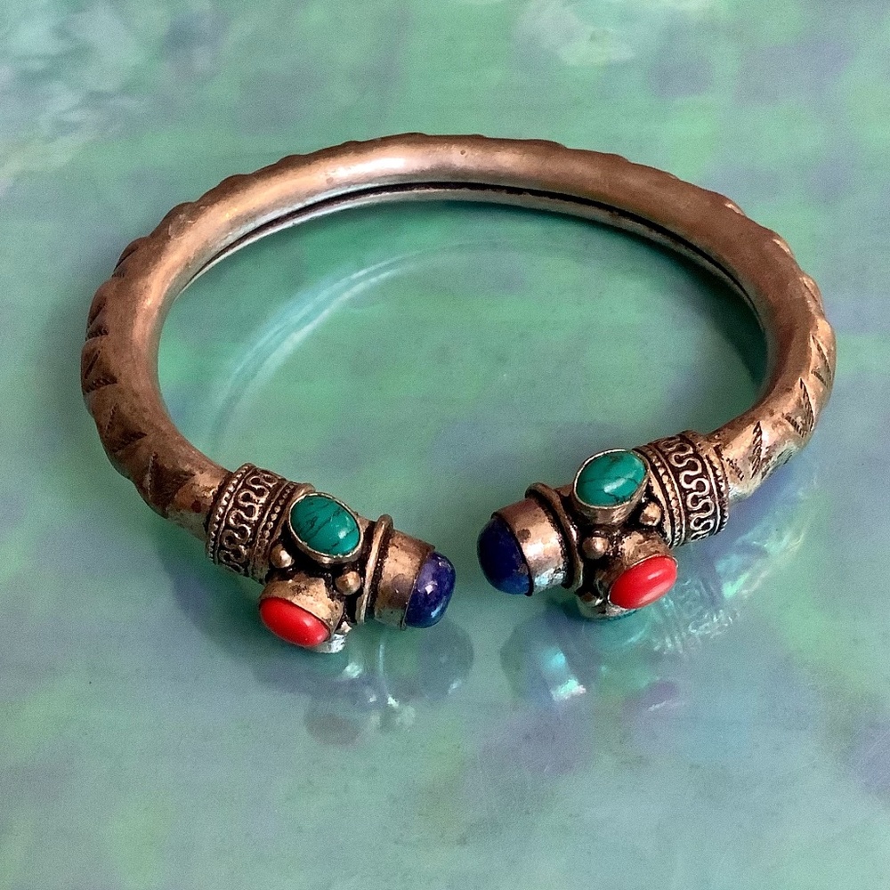 Vintage Tibetan Silver Cuff Bracelet Stones